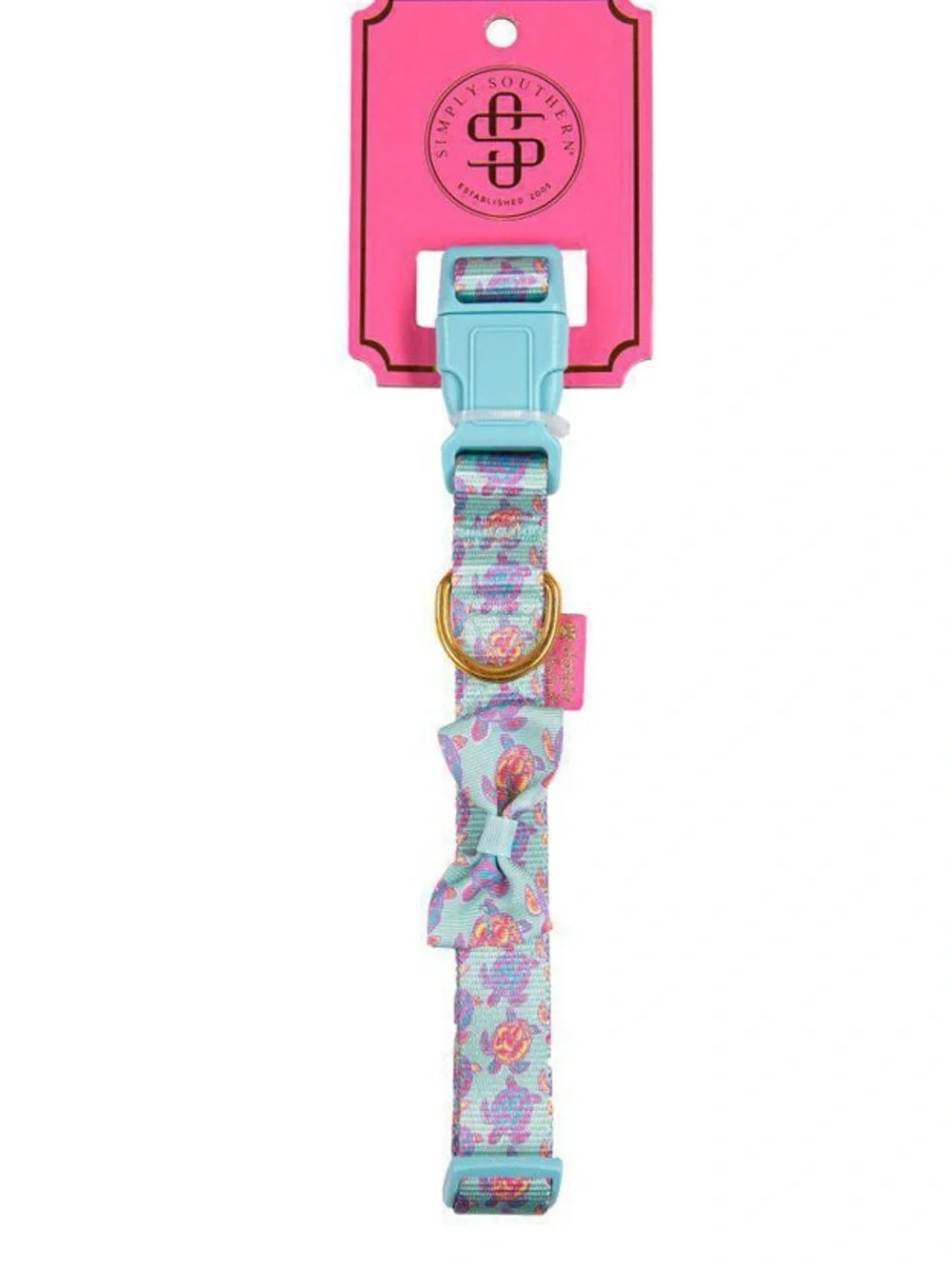 Simply Southern Aqua Turtle Bow Dog Collar with Gold D-Ring & Plastic Buckle